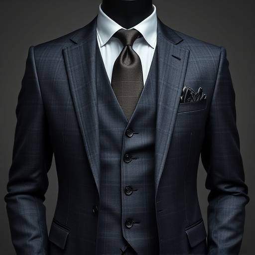 A perfectly tailored dark grey three-piece suit, including a matching waistcoat, for a classic and formal business look.